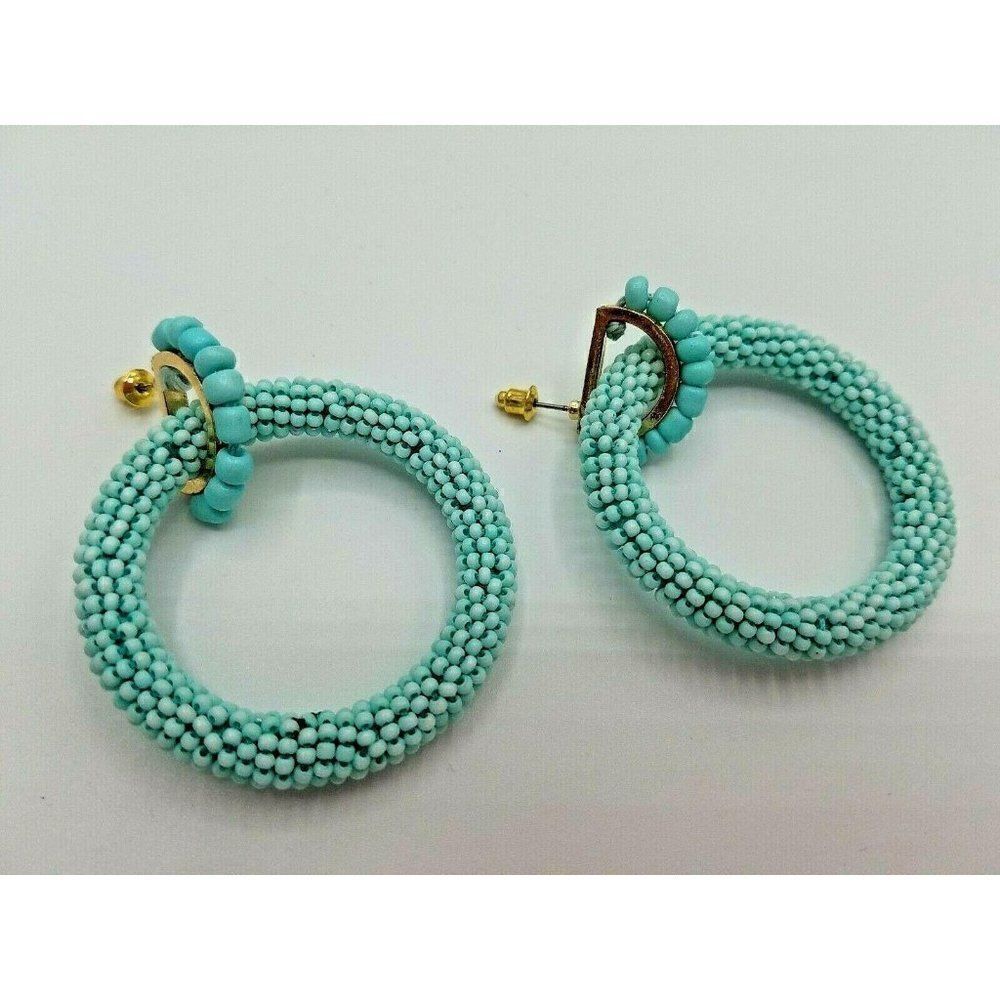 Aqua Blue Beaded Earrings Hoop Pierced Gold Tone